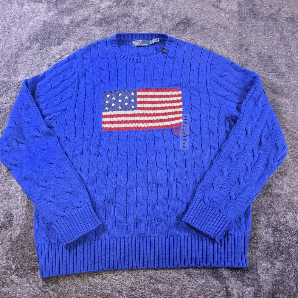 Polo Ralph Lauren Cable Knit Iconic USA Flag Sweater Mens XXL Blue Patriotic